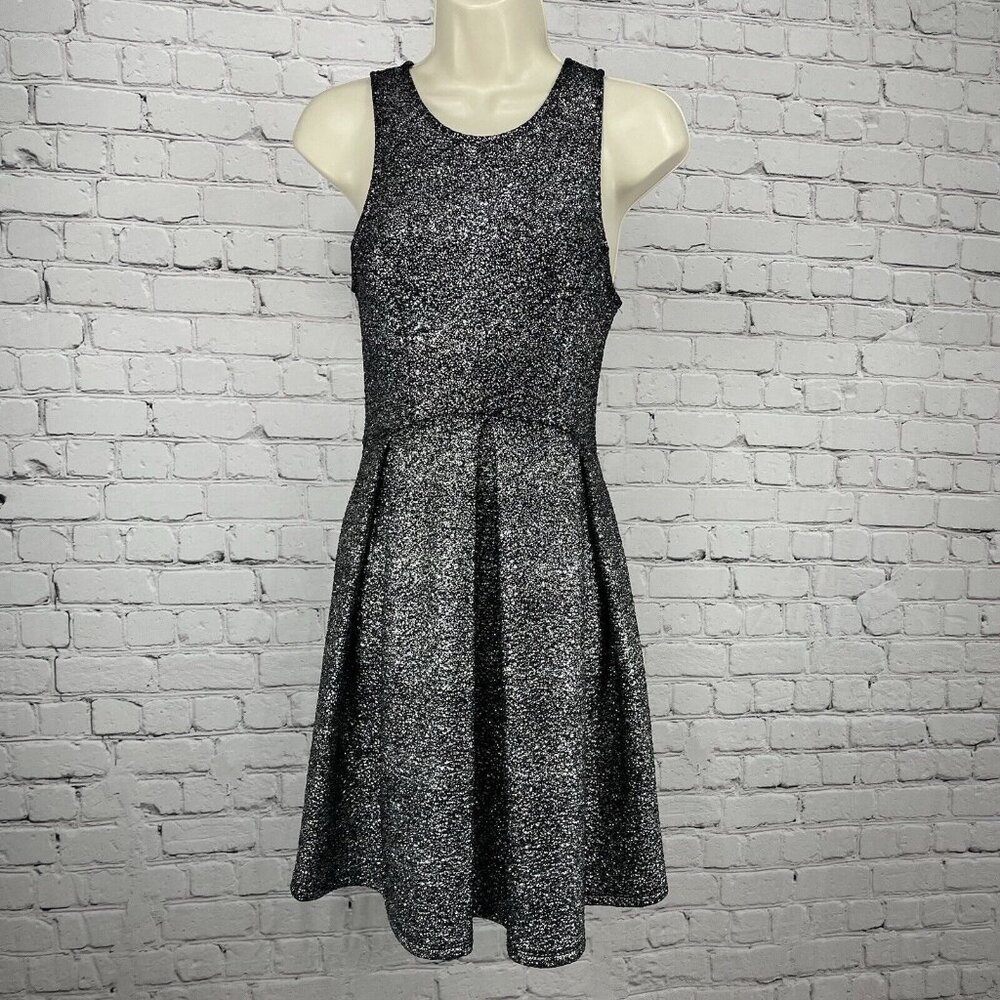 Everly Black Silver Shimmer Lined Stretch Pleated USA Made Dress Size Small S